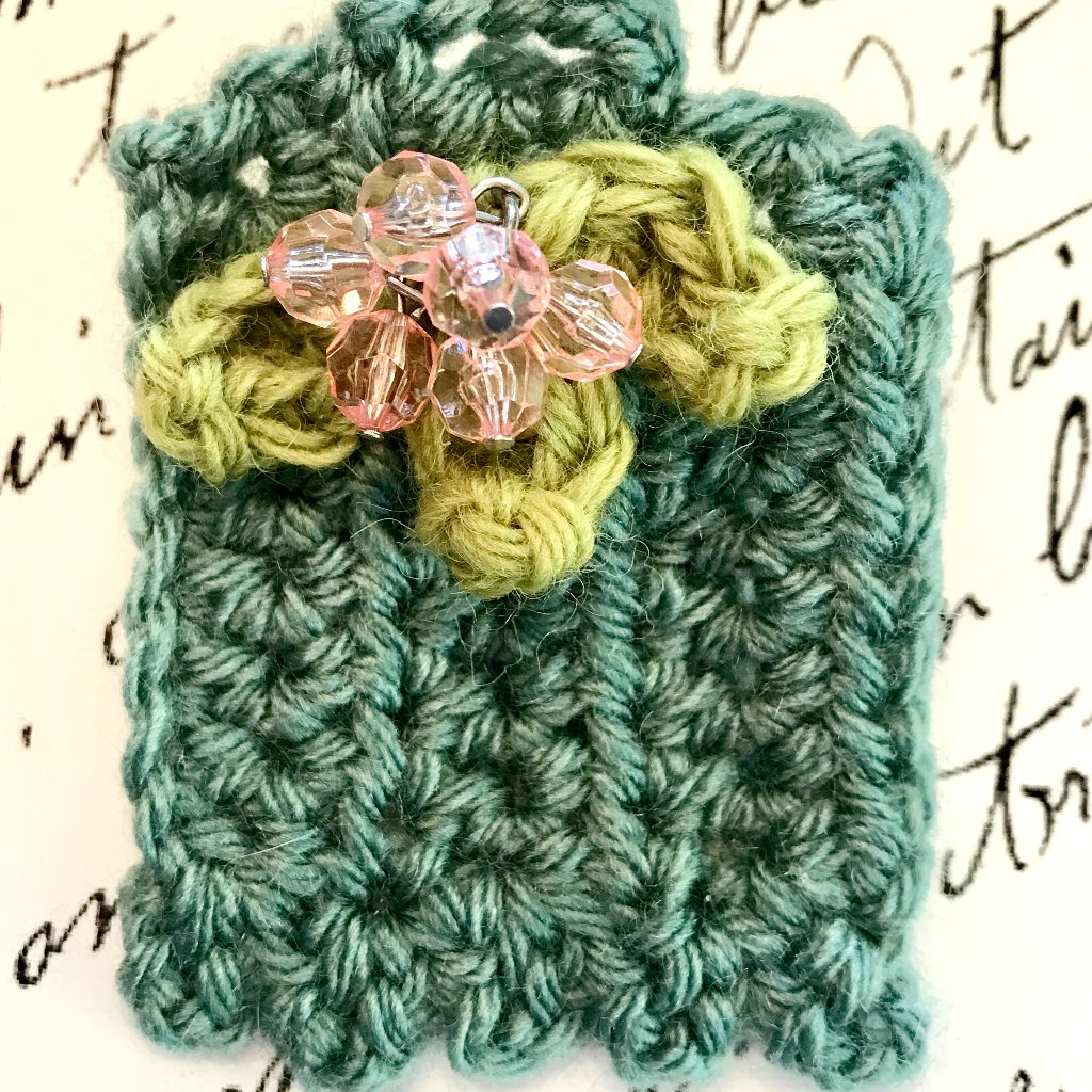 Brooch/Pin Handmade Freeform Crochet Fiber Seafoam & Lime Green W/Pink Beads